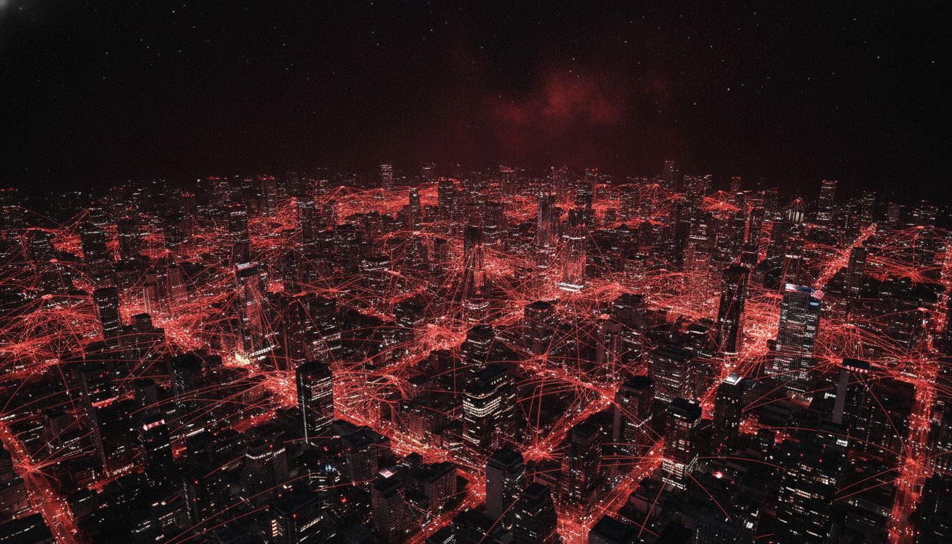 Vista aérea noturna de cidade conectada por linhas de rede vermelhas