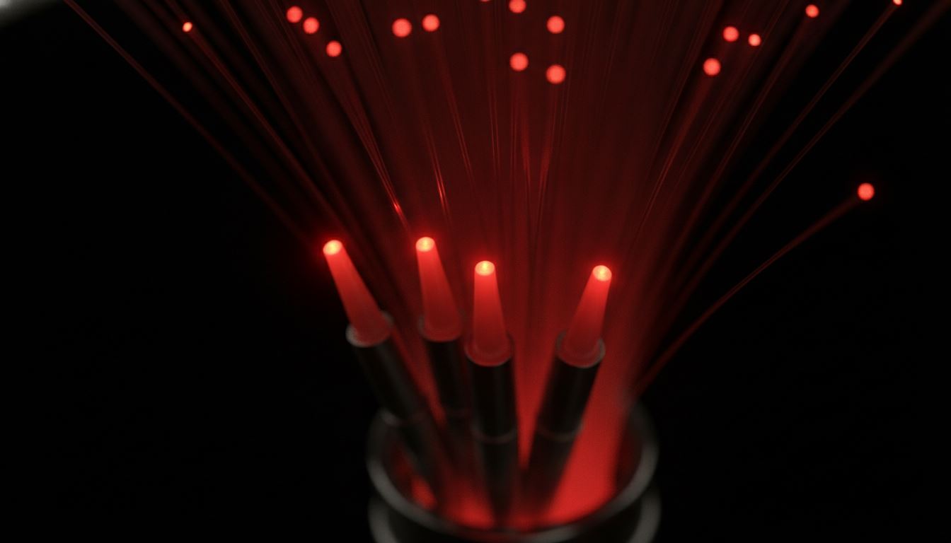 Cabos de fibra óptica com luz vermelha